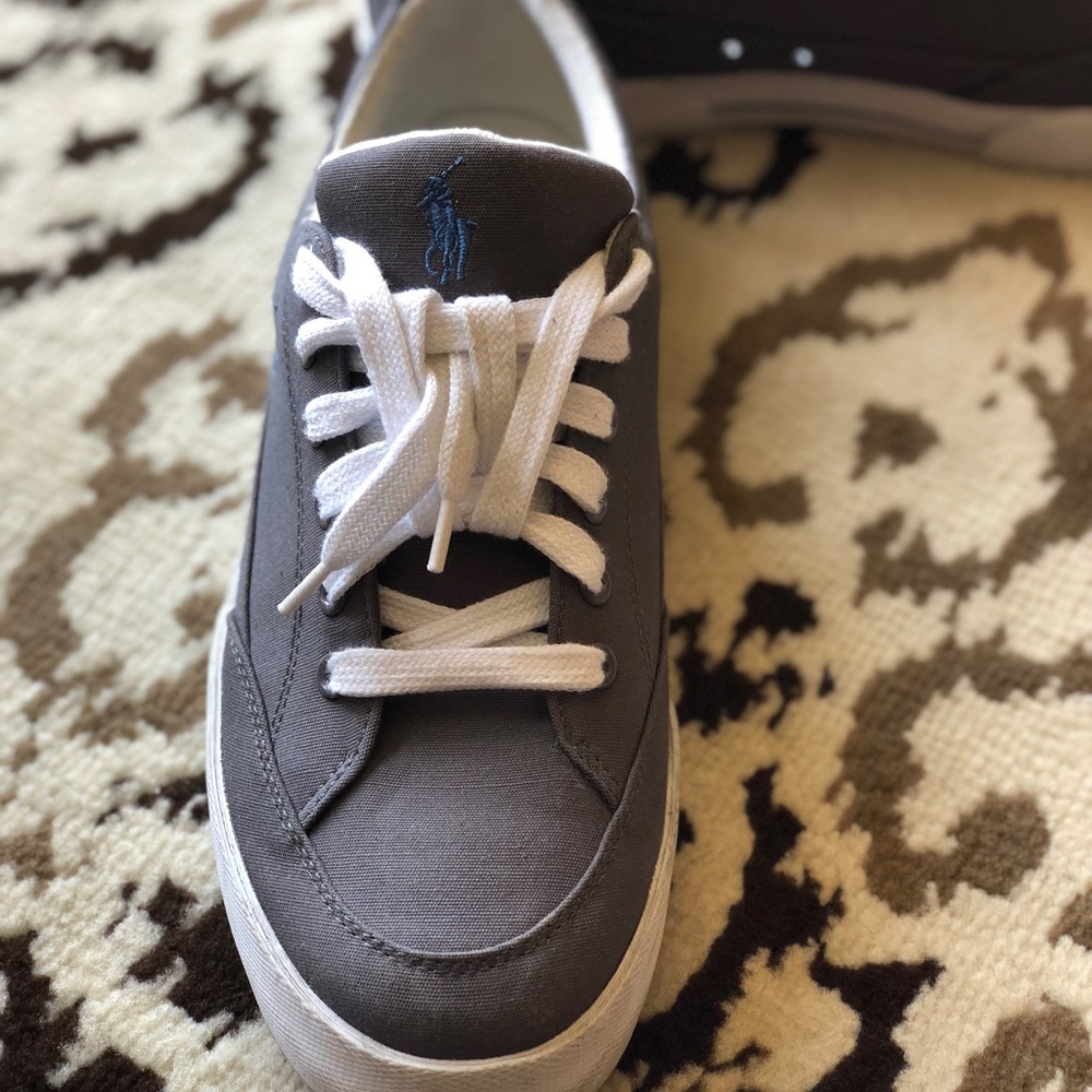 Gray and white men’s Ralph Lauren tennis shoes,